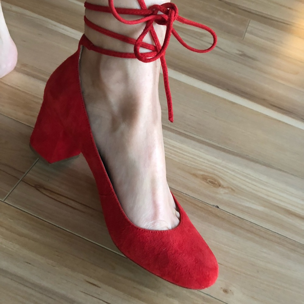 Red designer suede mid-heel with straps